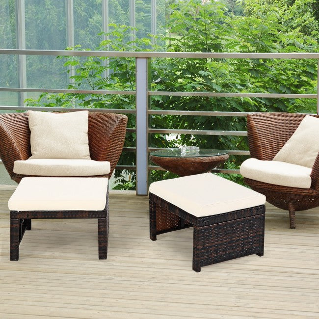 2 Pieces Patio Rattan Ottomans Outdoor Wicker All Weather Footstool Footrest Seat with Soft Cushion