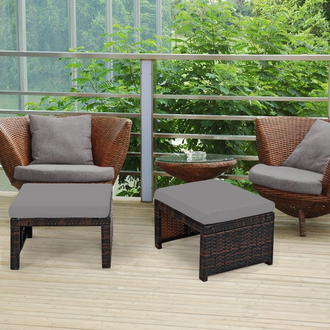 2 Pieces Patio Rattan Ottomans Outdoor Wicker All Weather Footstool Footrest Seat with Soft Cushion