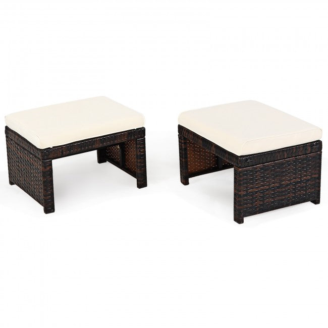 2 Pieces Patio Rattan Ottomans Outdoor Wicker All Weather Footstool Footrest Seat with Soft Cushion