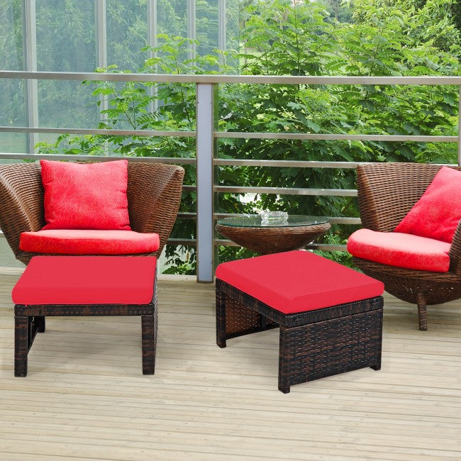 2 Pieces Patio Rattan Ottomans Outdoor Wicker All Weather Footstool Footrest Seat with Soft Cushion