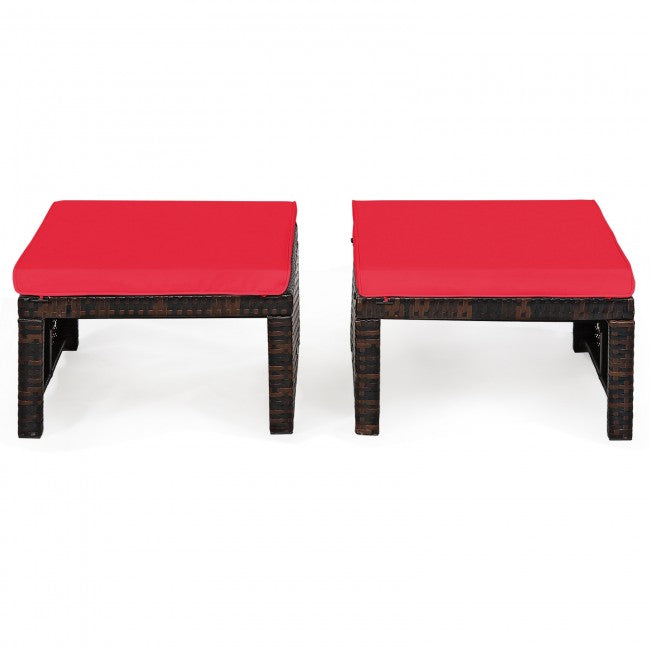 2 Pieces Patio Rattan Ottomans Outdoor Wicker All Weather Footstool Footrest Seat with Soft Cushion