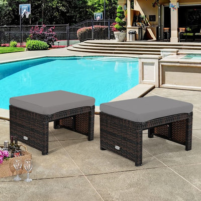 2 Pieces Patio Rattan Ottomans Outdoor Wicker All Weather Footstool Footrest Seat with Soft Cushion