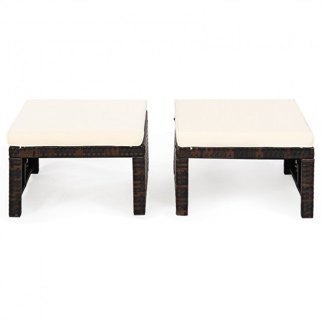 2 Pieces Patio Rattan Ottomans Outdoor Wicker All Weather Footstool Footrest Seat with Soft Cushion