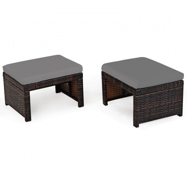 2 Pieces Patio Rattan Ottomans Outdoor Wicker All Weather Footstool Footrest Seat with Soft Cushion
