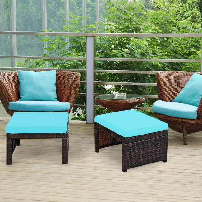 2 Pieces Patio Rattan Ottomans Outdoor Wicker All Weather Footstool Footrest Seat with Soft Cushion