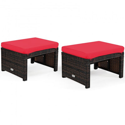 2 Pieces Patio Rattan Ottomans Outdoor Wicker All Weather Footstool Footrest Seat with Soft Cushion