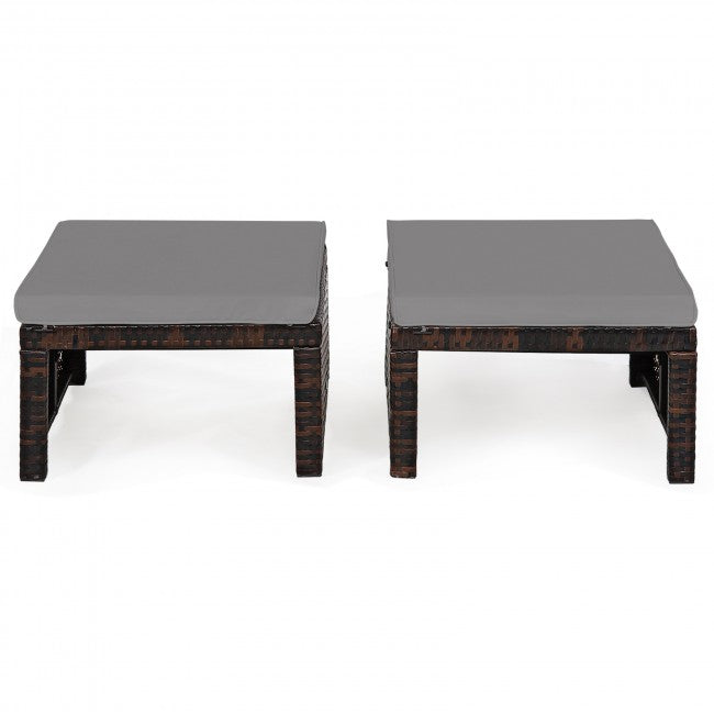 2 Pieces Patio Rattan Ottomans Outdoor Wicker All Weather Footstool Footrest Seat with Soft Cushion