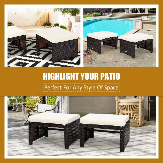 2 Pieces Patio Rattan Ottomans Outdoor Wicker All Weather Footstool Footrest Seat with Soft Cushion