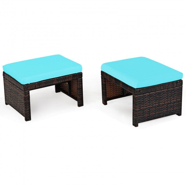 2 Pieces Patio Rattan Ottomans Outdoor Wicker All Weather Footstool Footrest Seat with Soft Cushion