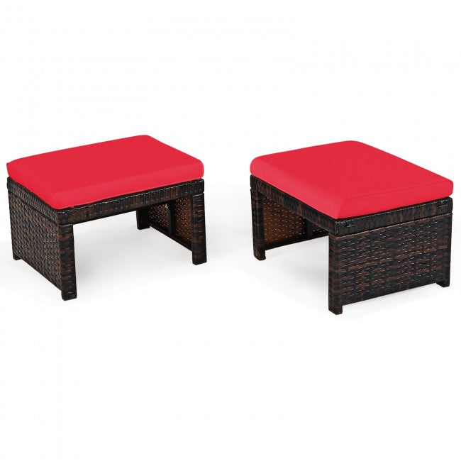 2 Pieces Patio Rattan Ottomans Outdoor Wicker All Weather Footstool Footrest Seat with Soft Cushion