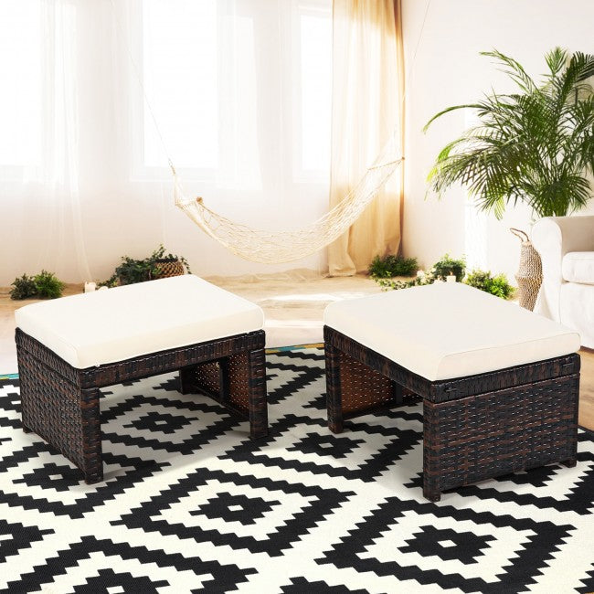 2 Pieces Patio Rattan Ottomans Outdoor Wicker All Weather Footstool Footrest Seat with Soft Cushion