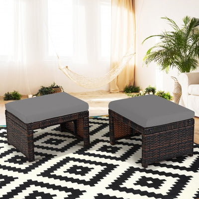 2 Pieces Patio Rattan Ottomans Outdoor Wicker All Weather Footstool Footrest Seat with Soft Cushion