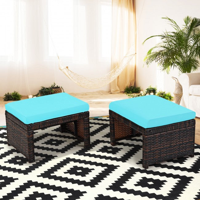 2 Pieces Patio Rattan Ottomans Outdoor Wicker All Weather Footstool Footrest Seat with Soft Cushion