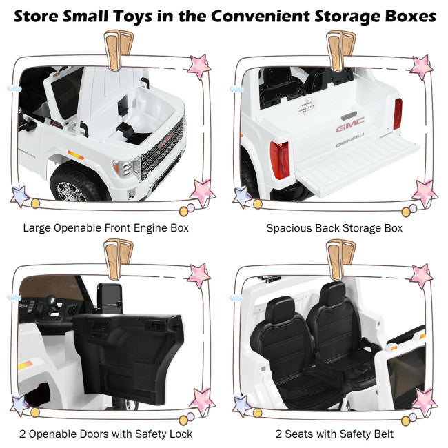 2 Seater Battery Powered GMC Kids Ride on Truck 12V Licensed Electric Car with Remote Control and Storage Box-Canada Only