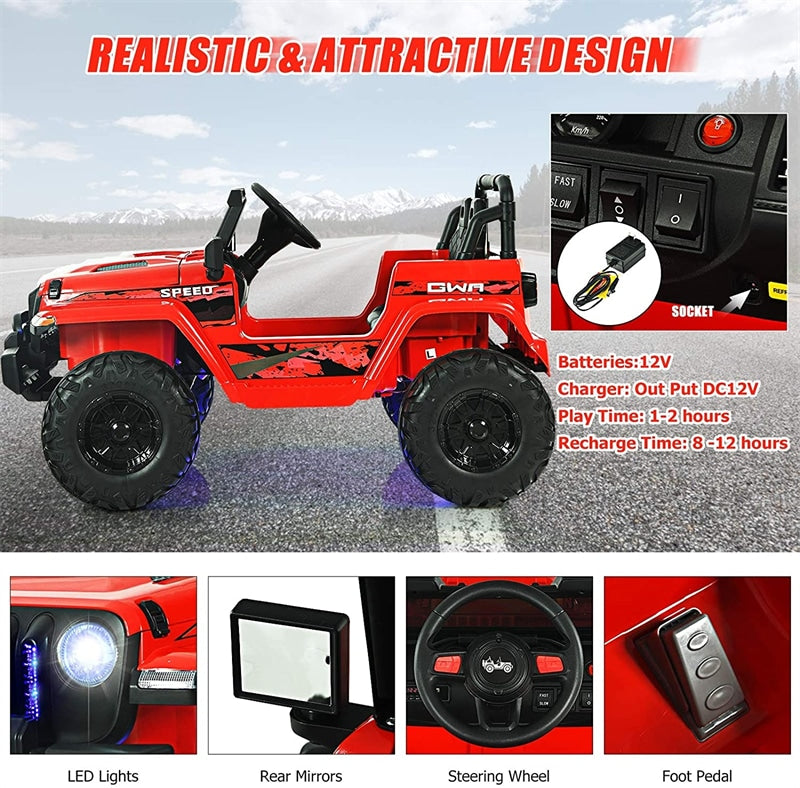 12V Kids Ride Jeep Electric Truck with Parental Remote Control and LED Lights-Canada Only