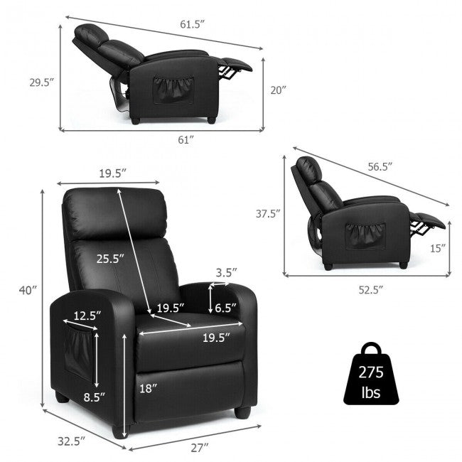 Single Recliner Chair Wingback Chair Home Theater Seating with Massage Function and Side Pocket