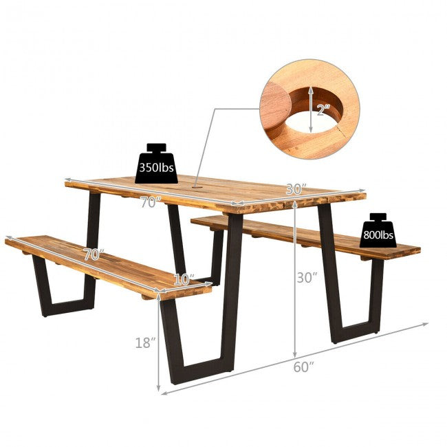 70 Inch Outdoor Dining Table Set Picnic Table Bench Set with Umbrella Hole and Metal Frame