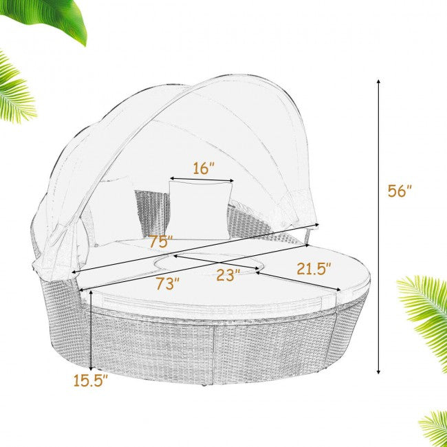 Outdoor Wicker Furniture Sets Patio Round Rattan Daybed With Retractable Canopy