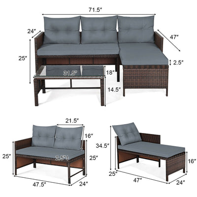 3 Piece Outdoor Patio Corner Rattan Sofa Set