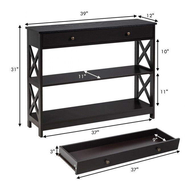 3-Tier Side Console Table Entryway Table Narrow Accent Table with Drawer and Storage Shelves