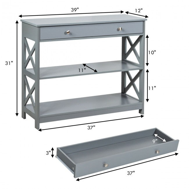 3-Tier Side Console Table Entryway Table Narrow Accent Table with Drawer and Storage Shelves