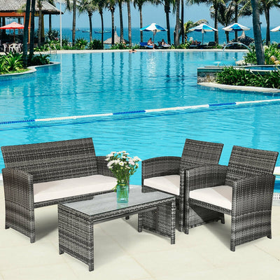 4 Pieces Patio Rattan Furniture Set with Glass Table and Loveseat