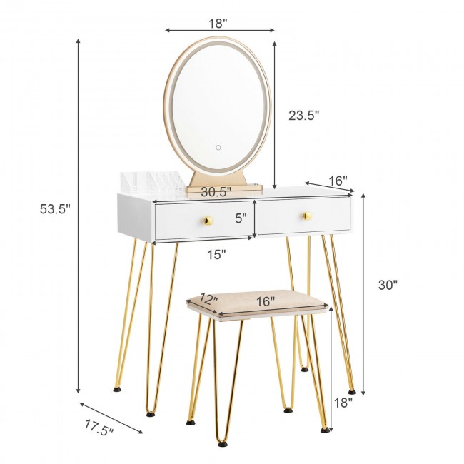 Vanity Table Set Makeup Dressing Desk with Touch Screen Adjustable Brightness Mirror and Cushioned Stool