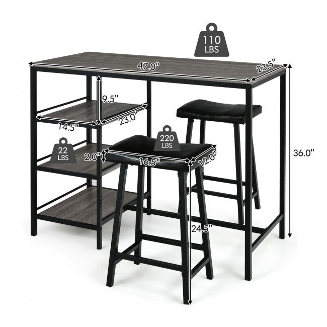 3 Pieces Dining Table Set with Pub Counter Height and Storage Shelves