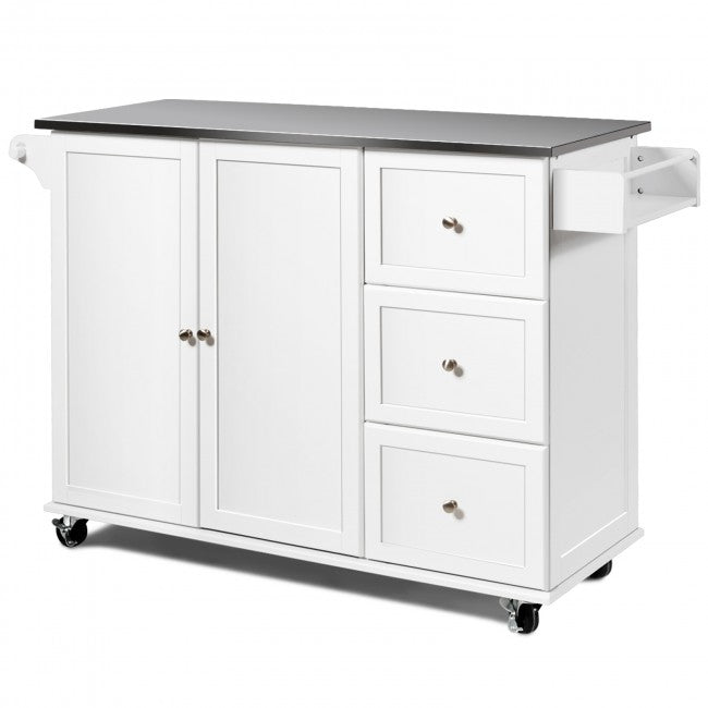 Kitchen Island Cart Rolling Trolley 2-Door Storage Cabinet with Adjustable Shelves and 3 Drawers