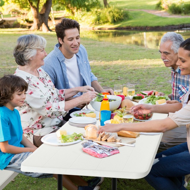 Outdoor Camping Picnic Table Bench Set Dining Set with Metal Base