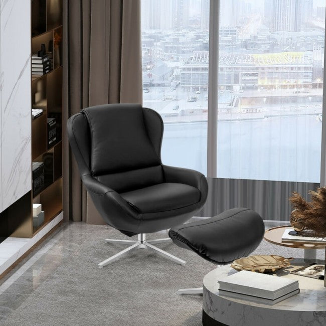 360° Swivel Leather Rocking Chair with Ottoman and Padded Cushions