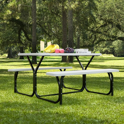 Outdoor Camping Table Bench Set Picnic All Weather Dining Set with Metal Base and Wood-Like Texture