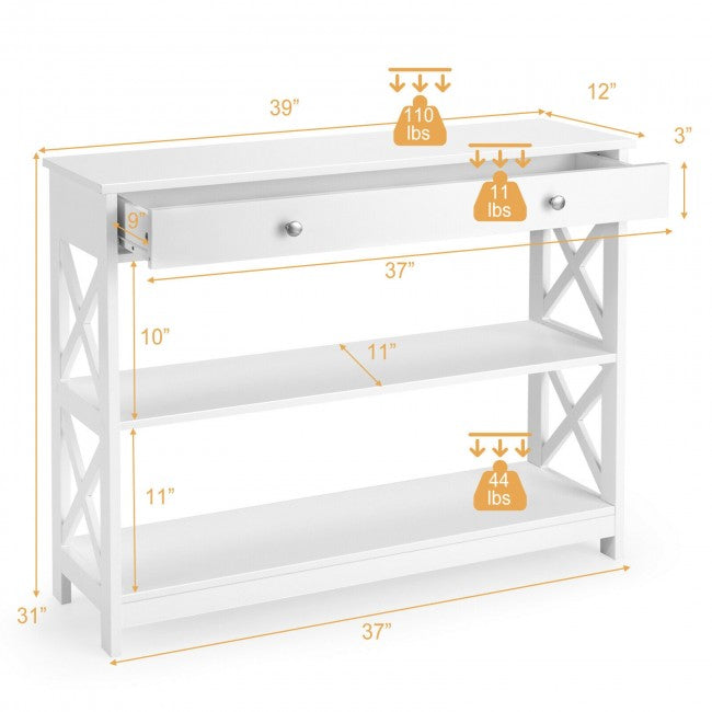 3-Tier Side Console Table Entryway Table Narrow Accent Table with Drawer and Storage Shelves