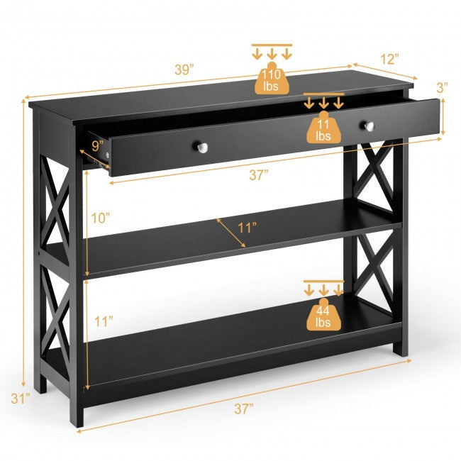 3-Tier Side Console Table Entryway Table Narrow Accent Table with Drawer and Storage Shelves