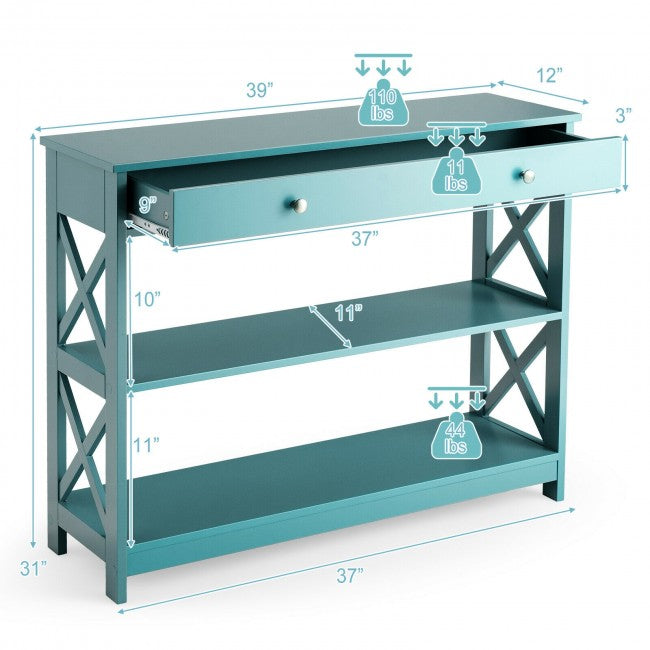 3-Tier Side Console Table Entryway Table Narrow Accent Table with Drawer and Storage Shelves