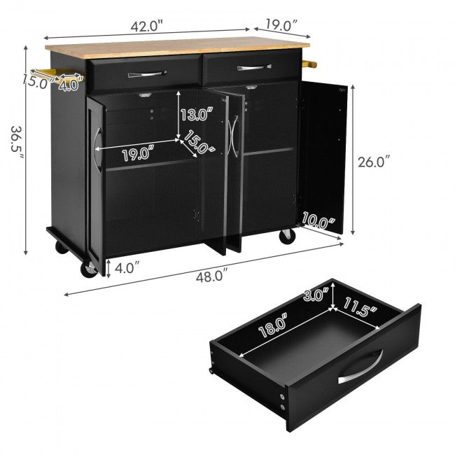 Kitchen Island Rolling Trolley Large Storage Cabinet Buffet Cart with Adjustable Shelves and Drawers