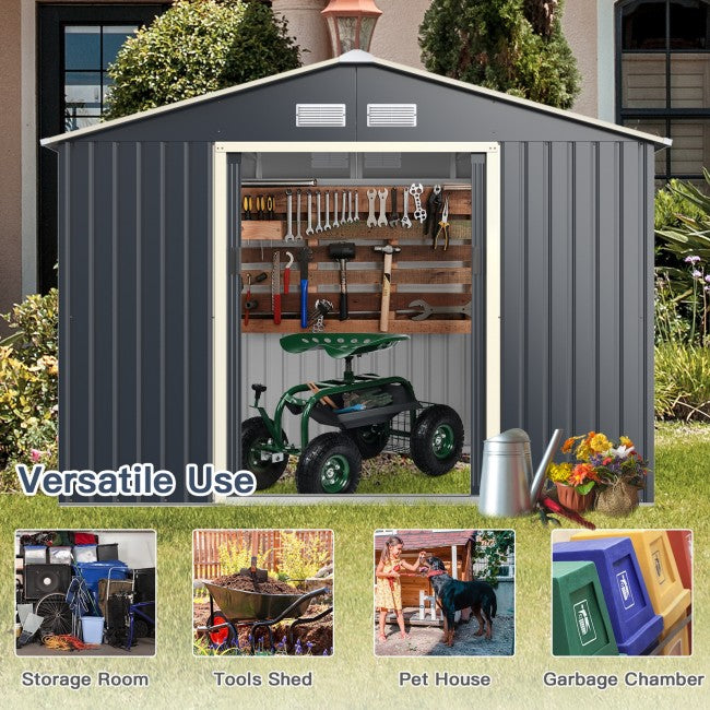 9 x 6 FT Outdoor Metal Storage Shed Organizer Patio Garden Steel Tool House with 2 Sliding Doors and 4 Vents