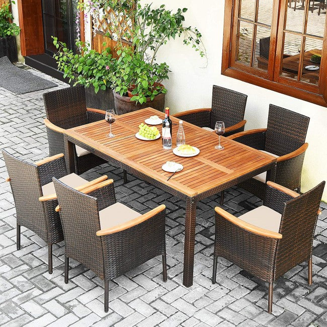 7 Pieces Outdoor Patio Acacia Wood Dining Furniture Set Conversation Set with Cushions