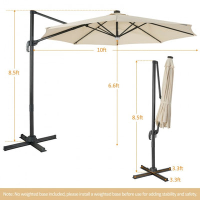 10ft Patio Cantilever Umbrella Outdoor Hanging Offset Umbrella with Solar LED Lights and 360-Degree Rotation