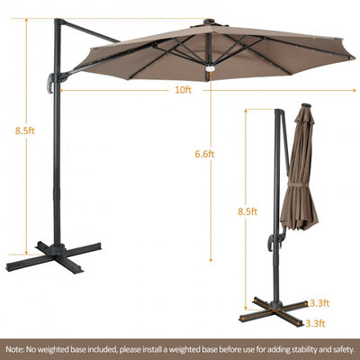 10ft Patio Cantilever Umbrella Outdoor Hanging Offset Umbrella with Solar LED Lights and 360-Degree Rotation