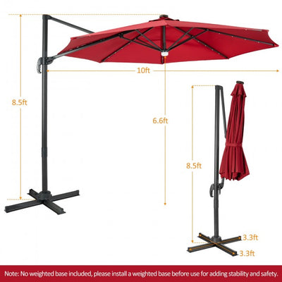 10ft Patio Cantilever Umbrella Outdoor Hanging Offset Umbrella with Solar LED Lights and 360-Degree Rotation