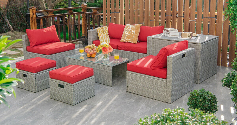 8 Pieces Patio Cushioned Rattan Furniture Set with Storage Waterproof Cover and Space-Saving Design