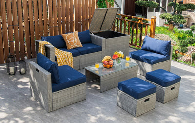 8 Pieces Patio Cushioned Rattan Furniture Set with Storage Waterproof Cover and Space-Saving Design