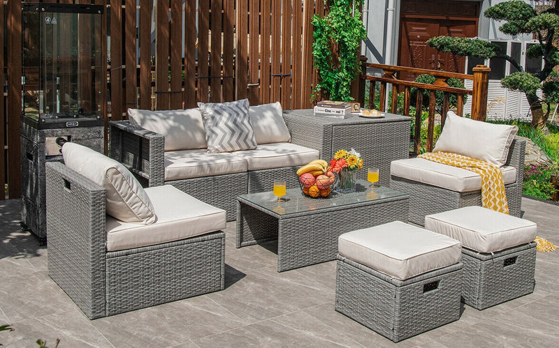 8 Pieces Patio Cushioned Rattan Furniture Set with Storage Waterproof Cover and Space-Saving Design