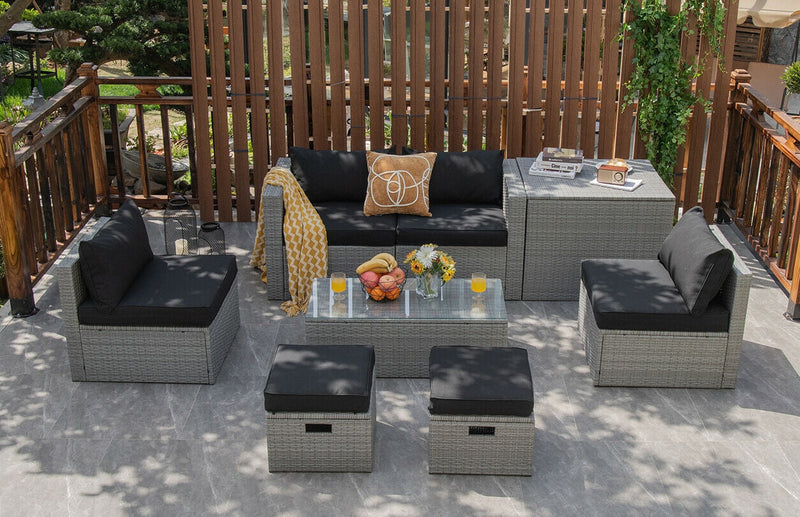 8 Pieces Patio Cushioned Rattan Furniture Set with Storage Waterproof Cover and Space-Saving Design