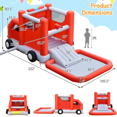 Fire Truck Themed Inflatable Castle Water Park Kids Bounce House w/ 480W Blower