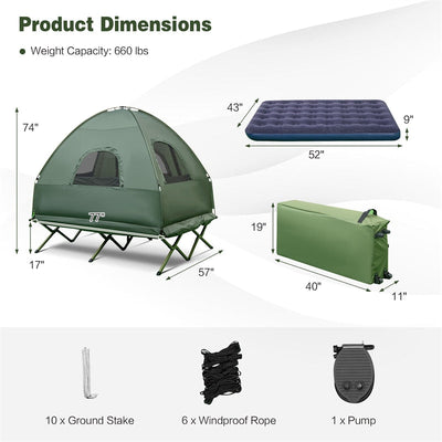 5-in-1 Tent Cot Portable 2-Person Camping Tent Combo with Awning Air Mattress Sleeping Bag for Hiking Picnic