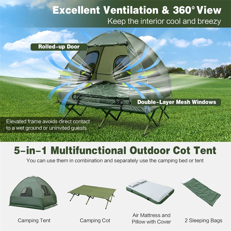 5-in-1 Tent Cot Portable 2-Person Camping Tent Combo with Awning Air Mattress Sleeping Bag for Hiking Picnic