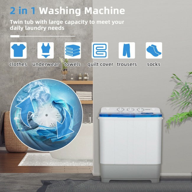 2 in 1 Twin Tub Portable Washing Machine and Dryer Combo Compact Laundry Washer with Control Knobs