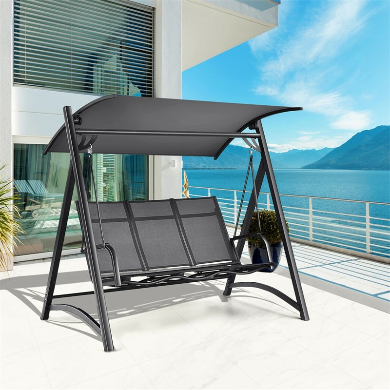 3 Person Outdoor Porch Swing Chair with Adjustable Tilt Canopy and Comfortable Bench Style Seat